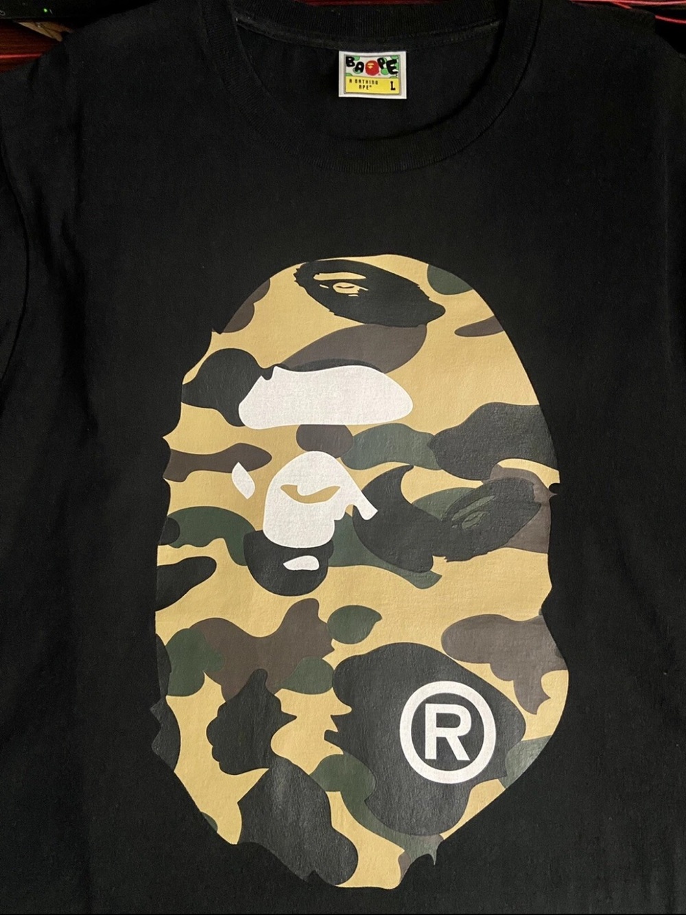 A Bathing ape Bape babymilo yellow green camo big ape head tee shirt